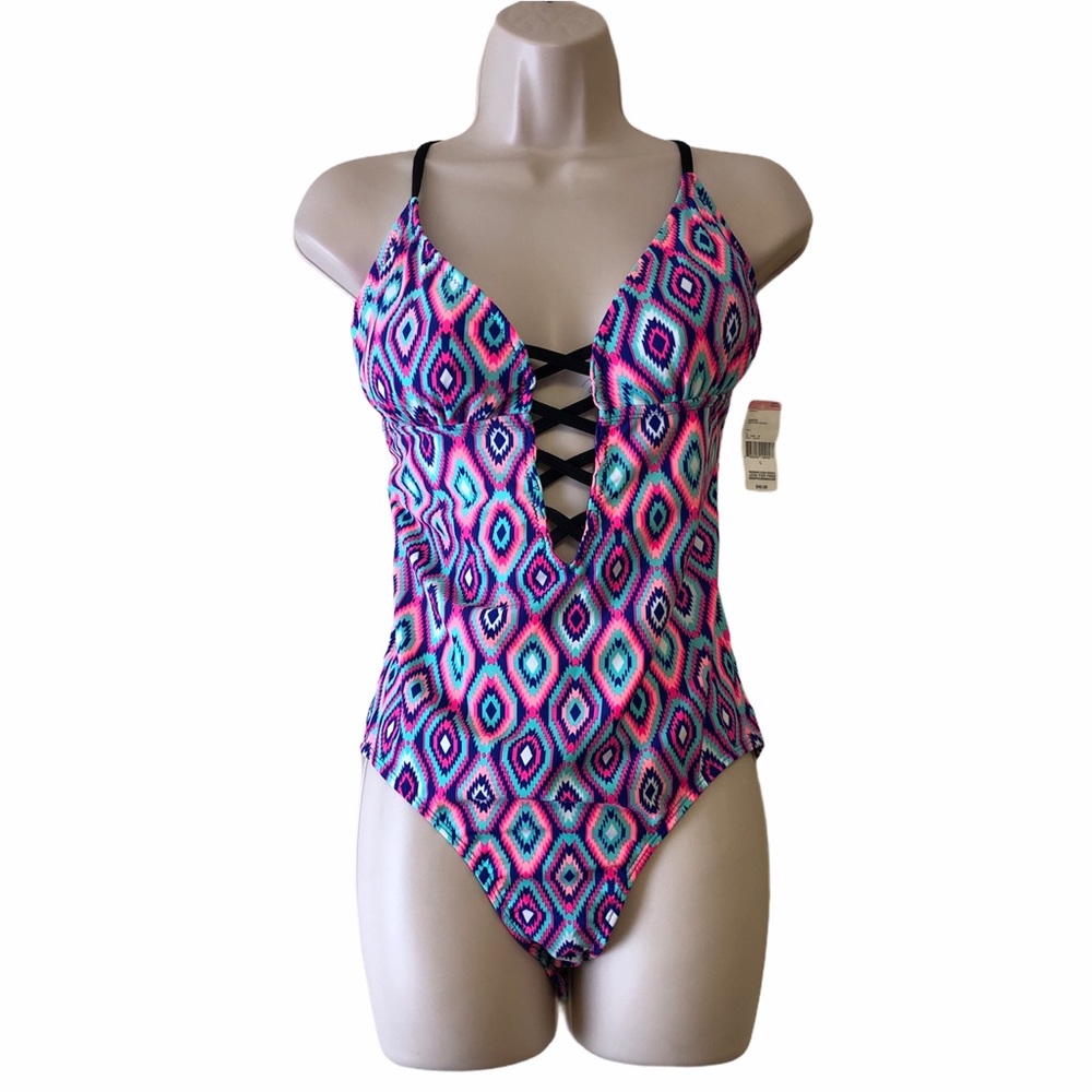 Bongo Geometric Pink One-Piece Swimsuit Large